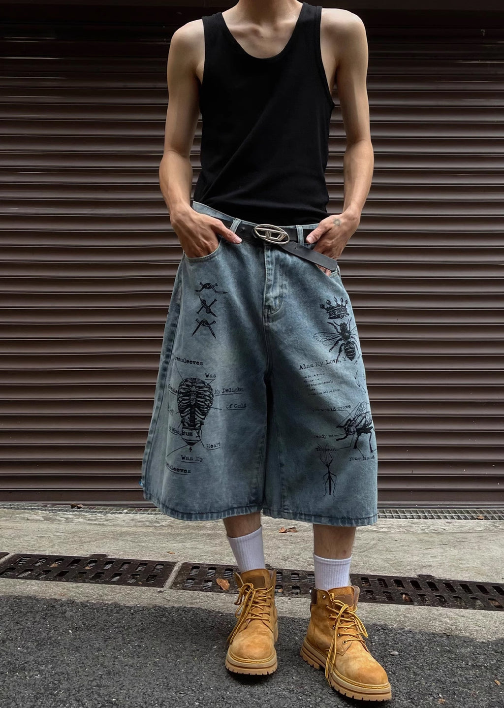 Mid-distressed grunge-style half-silhouette denim pants  OR0740