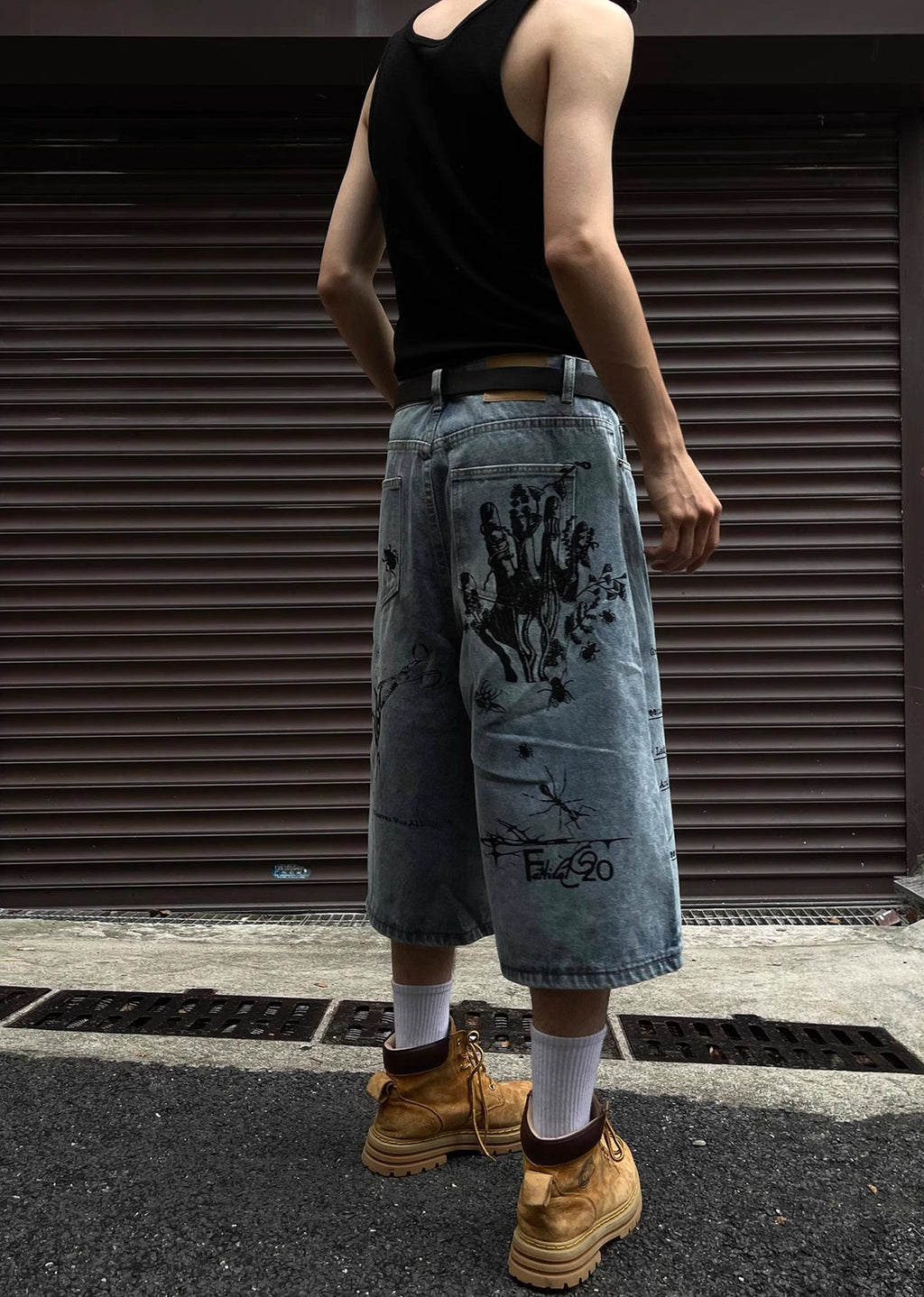 Mid-distressed grunge-style half-silhouette denim pants  OR0740