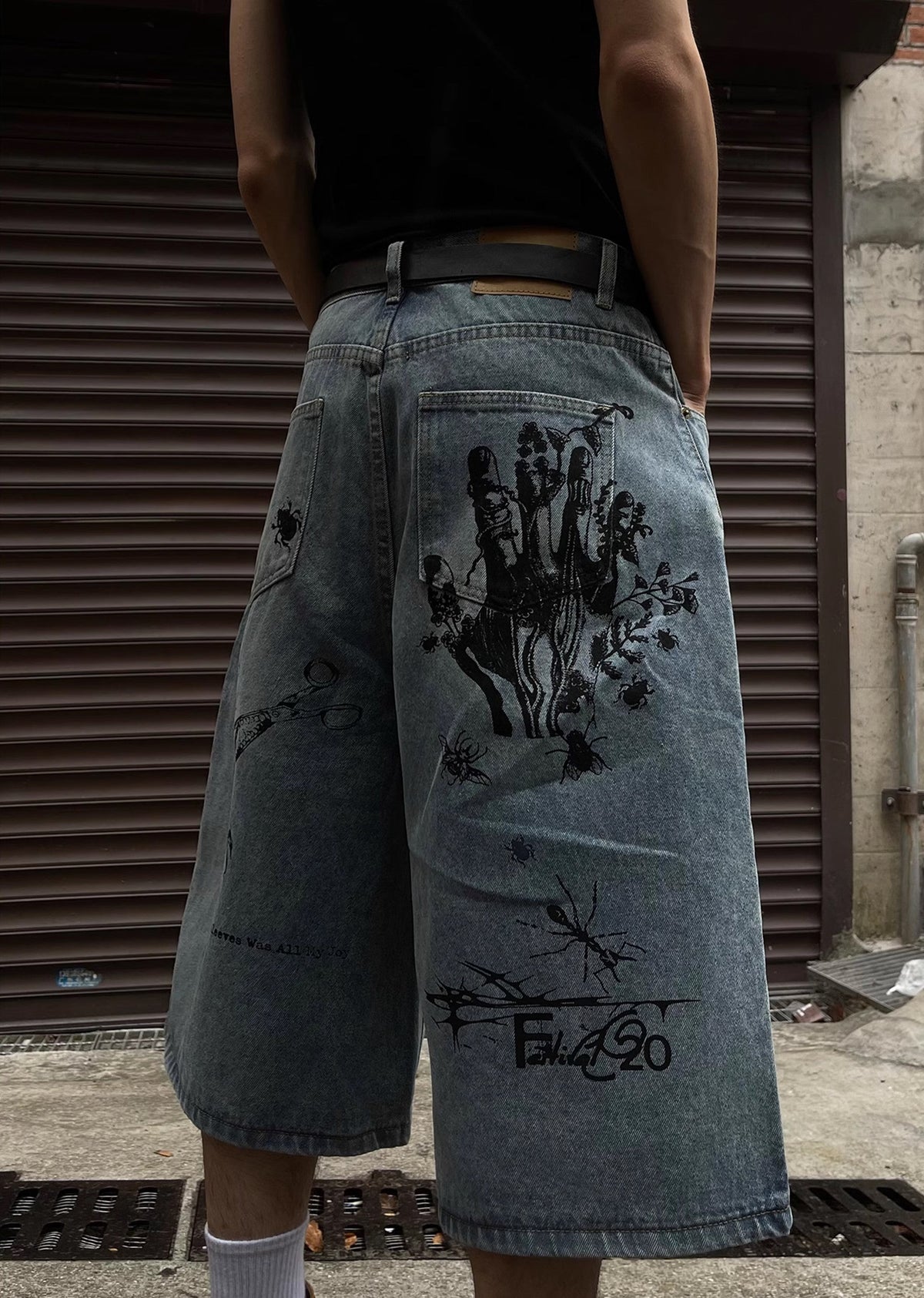 Mid-distressed grunge-style half-silhouette denim pants  OR0740