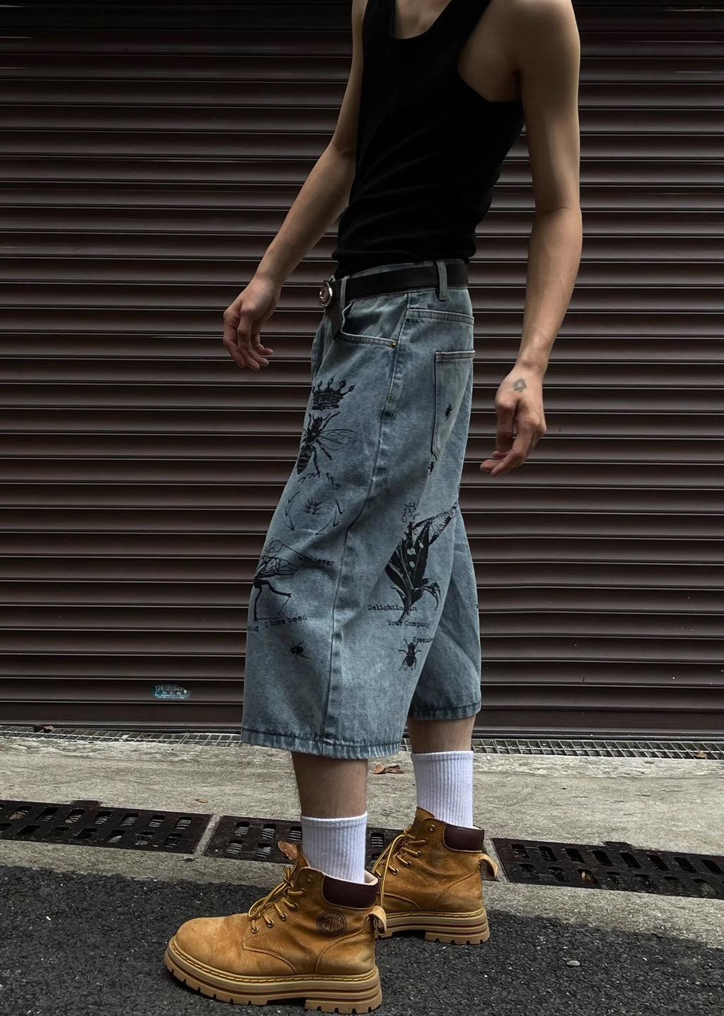 Mid-distressed grunge-style half-silhouette denim pants  OR0740