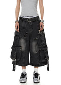 Multi-purpose gimmick design washed cargo suspender denim shorts  OR0741