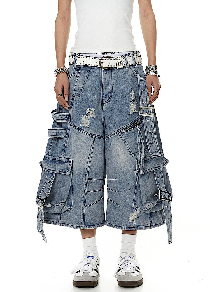 Multi-purpose gimmick design washed cargo suspender denim shorts  OR0741