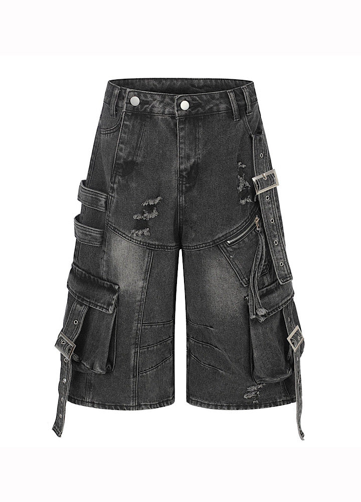 Multi-purpose gimmick design washed cargo suspender denim shorts  OR0741