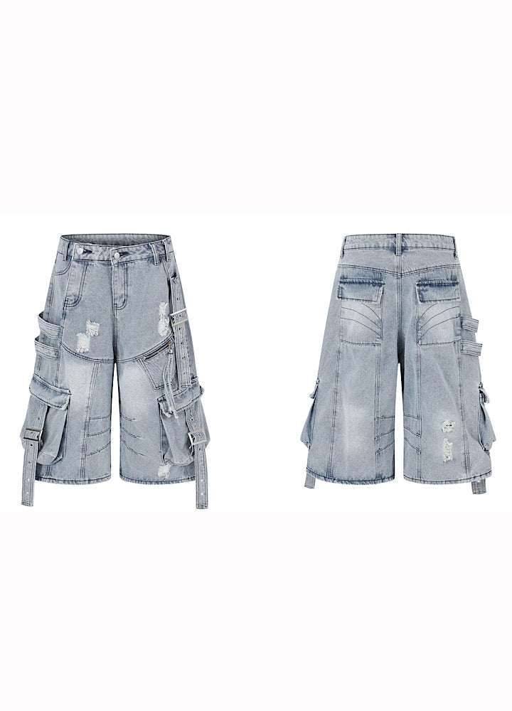 Multi-purpose gimmick design washed cargo suspender denim shorts  OR0741