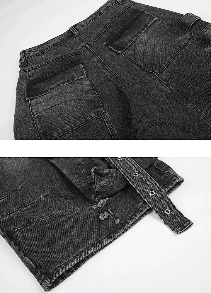Multi-purpose gimmick design washed cargo suspender denim shorts  OR0741