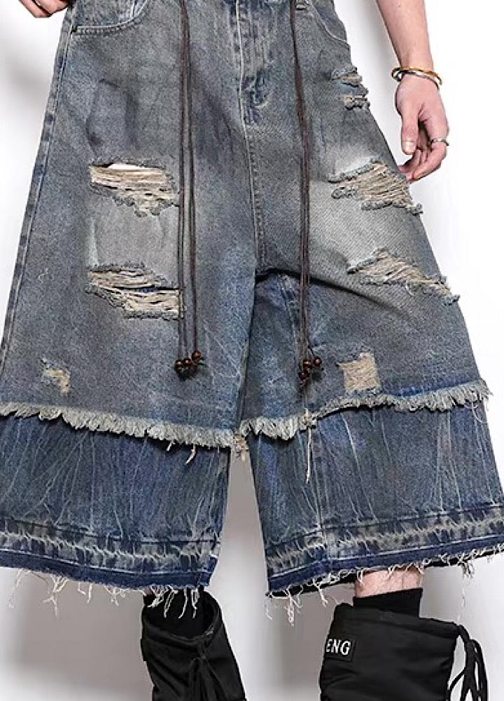 Layered style gimmick design damaged wash denim shorts  OR0744