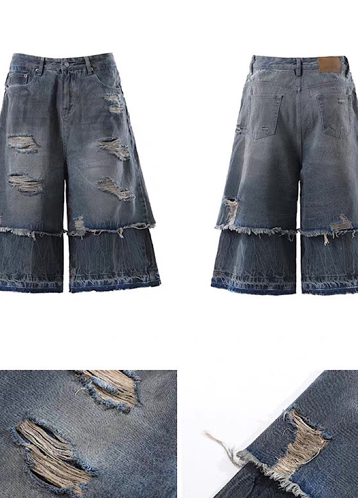 Layered style gimmick design damaged wash denim shorts  OR0744