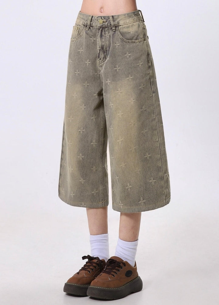 Star wash dull color half silhouette denim pants  OR0747