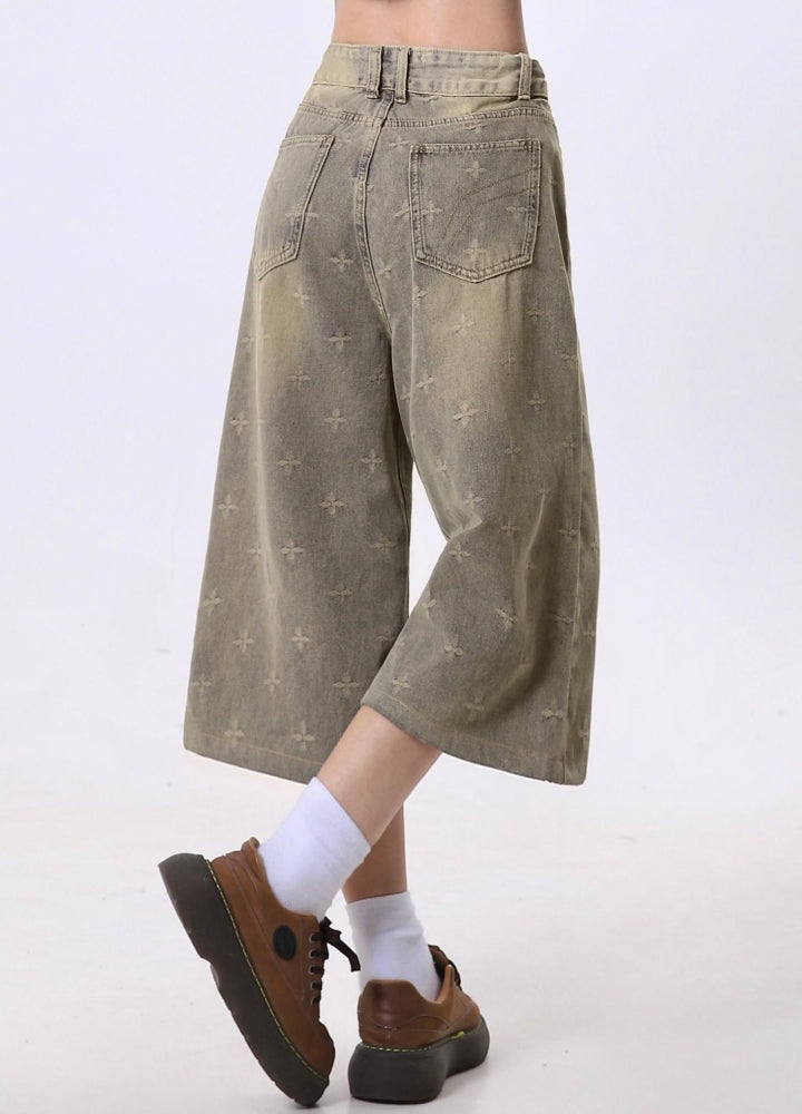 Star wash dull color half silhouette denim pants  OR0747