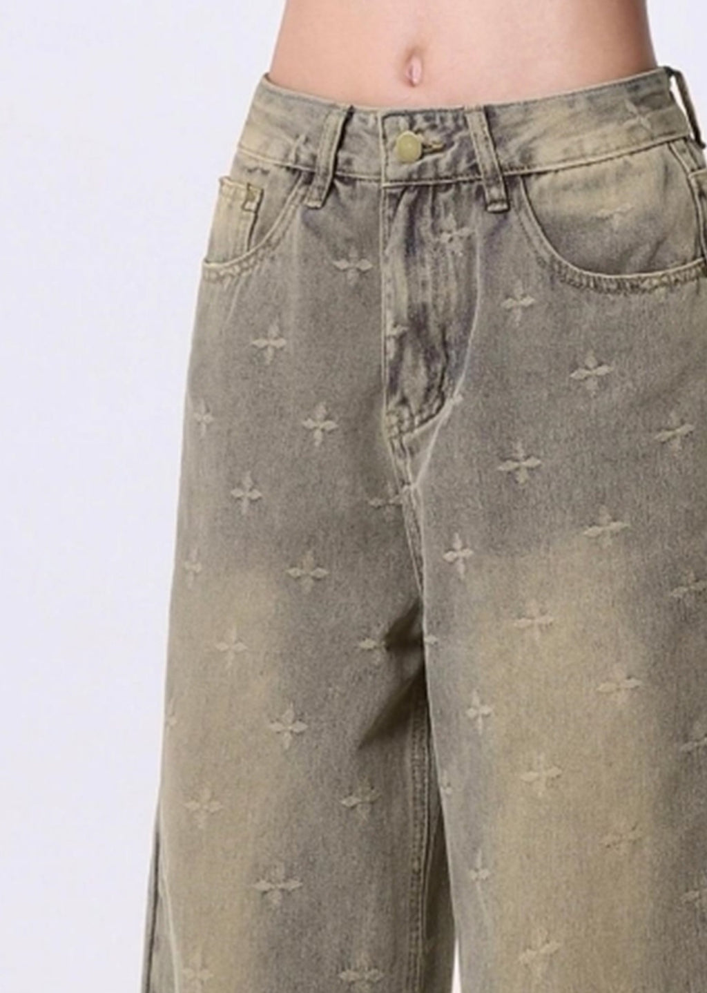 Star wash dull color half silhouette denim pants  OR0747