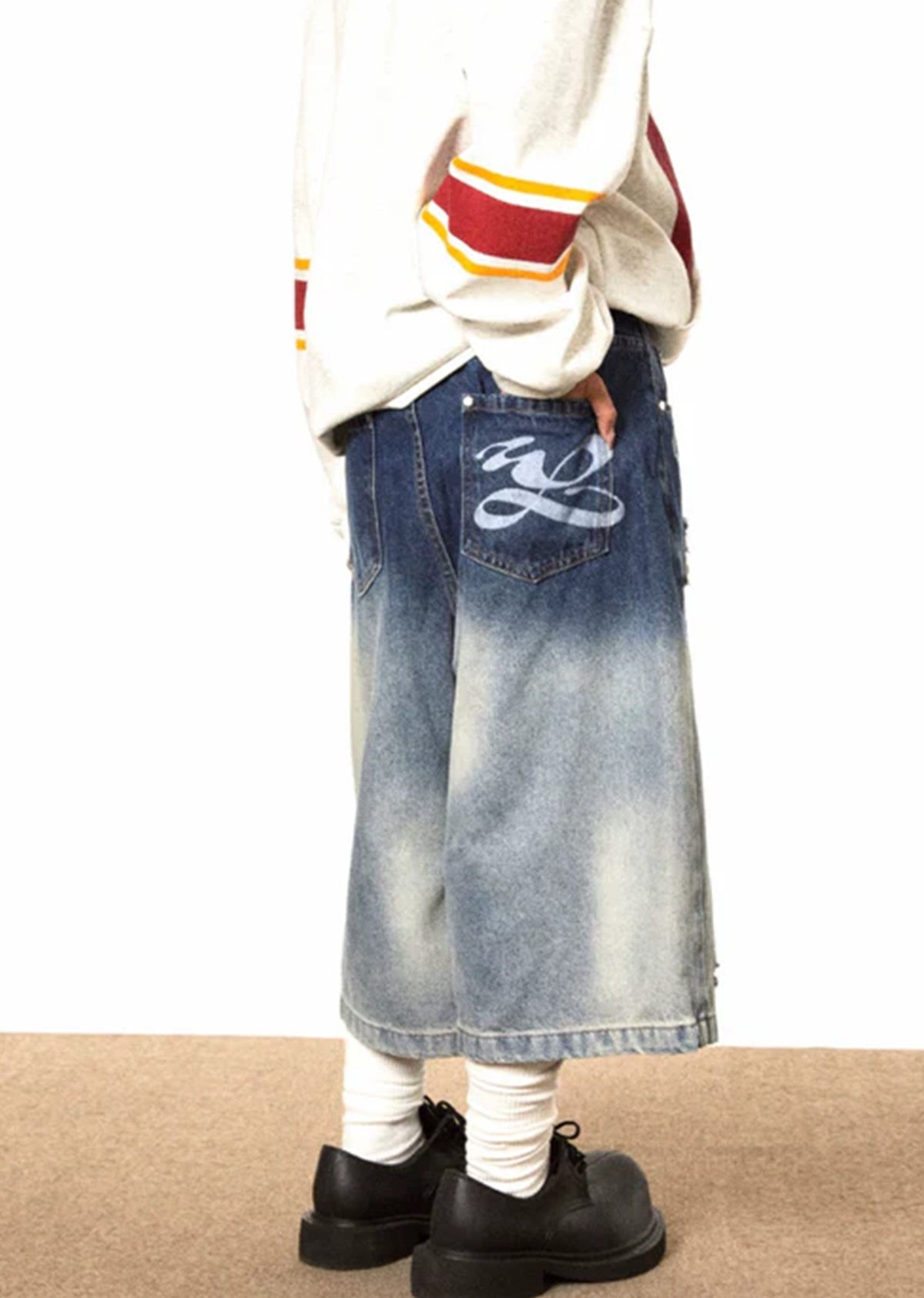 Dull wash half silhouette fully damaged denim pants  OR0748