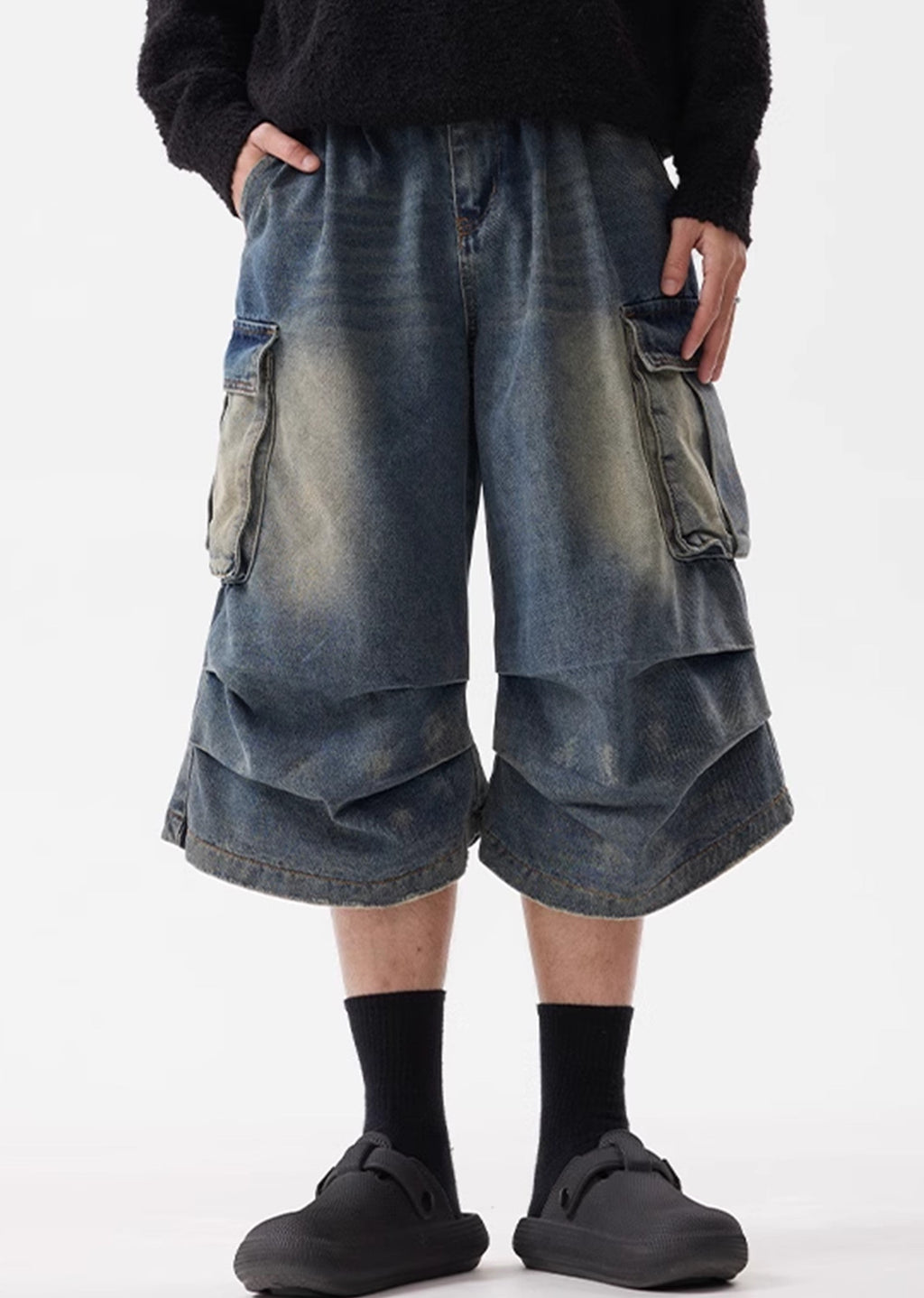 Random wash grunge tuck short denim pants  OR0749
