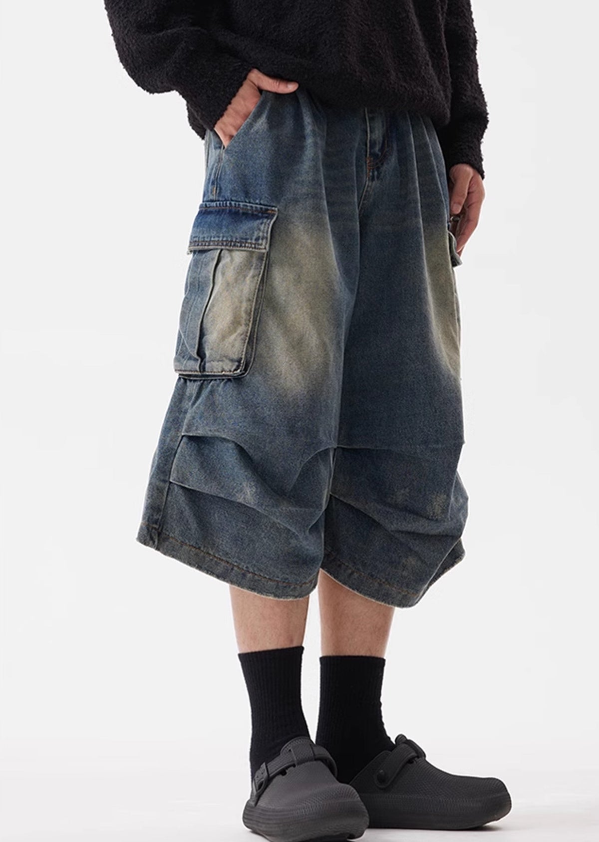 Random wash grunge tuck short denim pants  OR0749