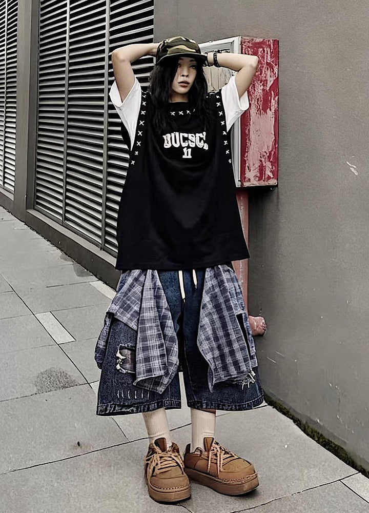Checked Wide-Leg Vintage Blue Denim Shorts  OR0752