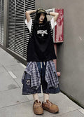 Checked Wide-Leg Vintage Blue Denim Shorts  OR0752