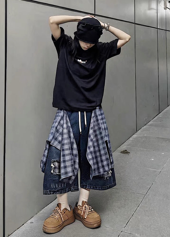 Checked Wide-Leg Vintage Blue Denim Shorts  OR0752