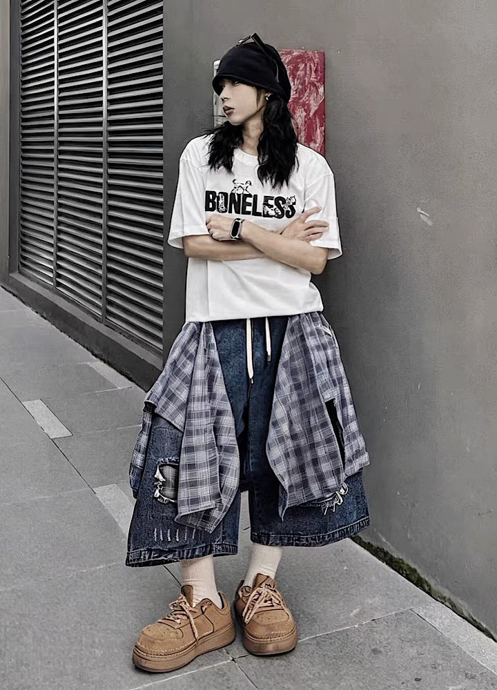 Checked Wide-Leg Vintage Blue Denim Shorts  OR0752