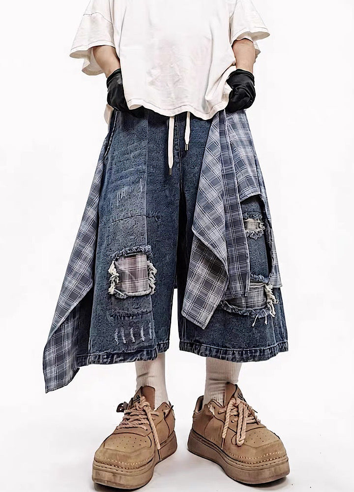 Checked Wide-Leg Vintage Blue Denim Shorts  OR0752
