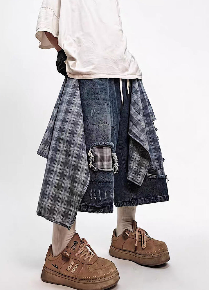 Checked Wide-Leg Vintage Blue Denim Shorts  OR0752