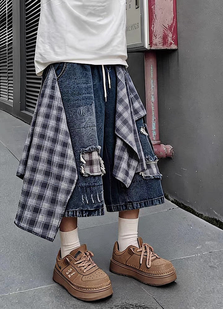 Checked Wide-Leg Vintage Blue Denim Shorts  OR0752