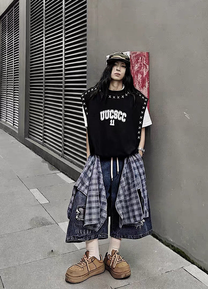Checked Wide-Leg Vintage Blue Denim Shorts  OR0752