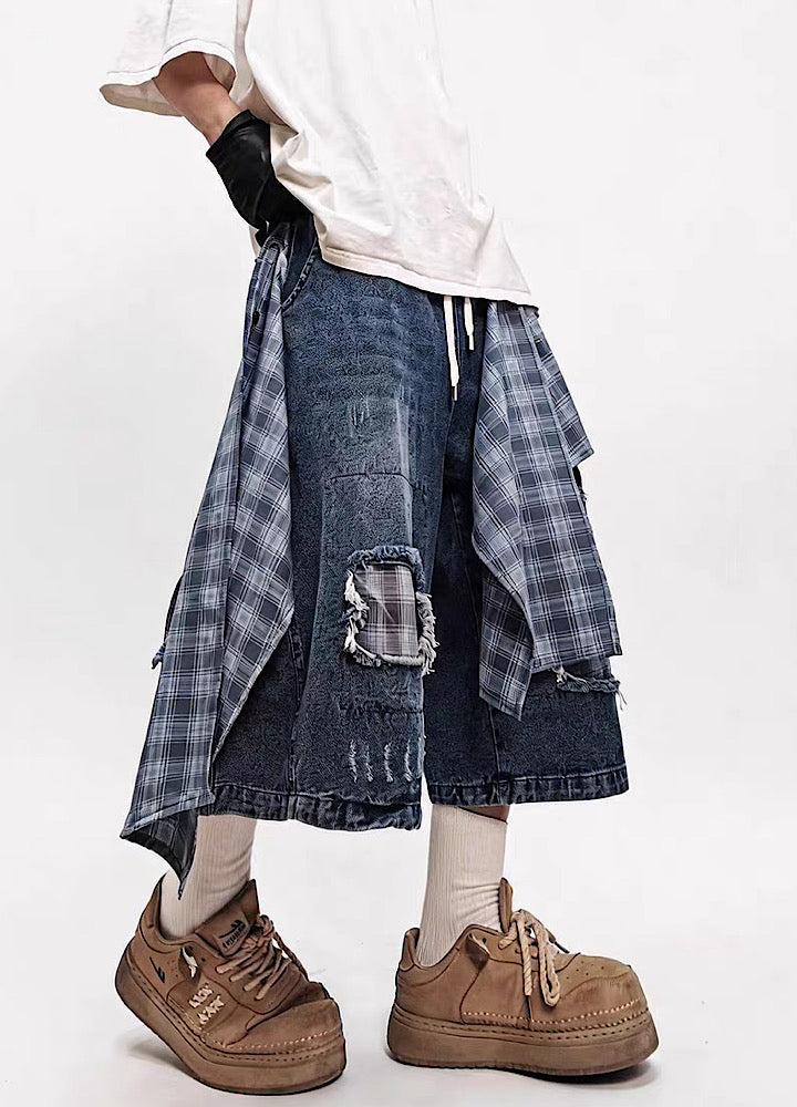 Checked Wide-Leg Vintage Blue Denim Shorts  OR0752