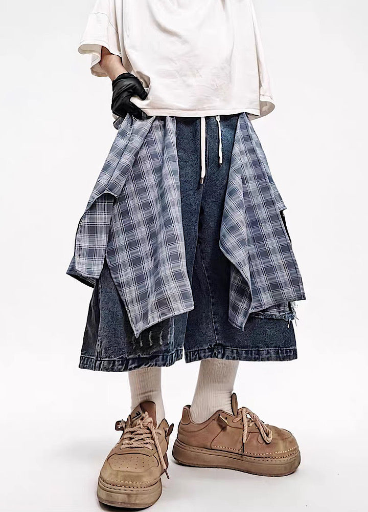 Checked Wide-Leg Vintage Blue Denim Shorts  OR0752