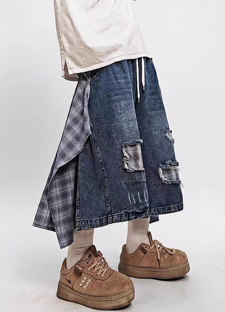 Checked Wide-Leg Vintage Blue Denim Shorts  OR0752