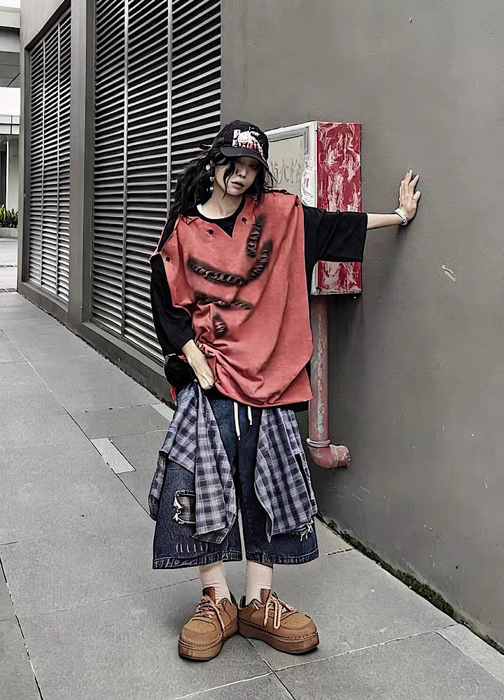 Checked Wide-Leg Vintage Blue Denim Shorts  OR0752