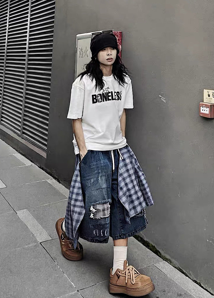 Checked Wide-Leg Vintage Blue Denim Shorts  OR0752