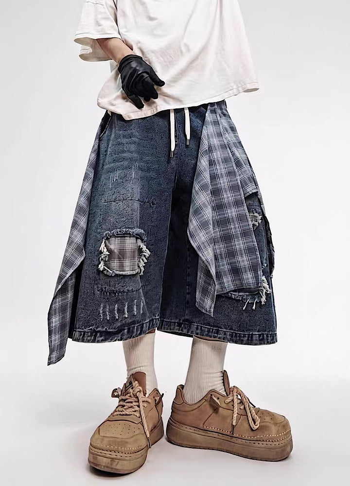 Checked Wide-Leg Vintage Blue Denim Shorts  OR0752