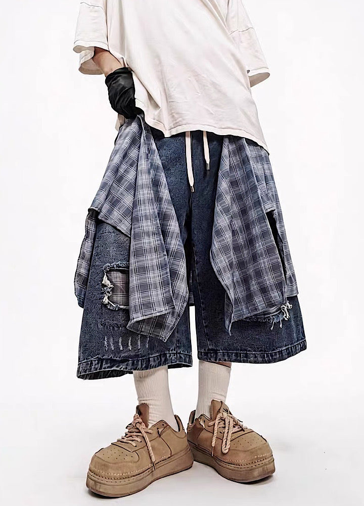 Checked Wide-Leg Vintage Blue Denim Shorts  OR0752