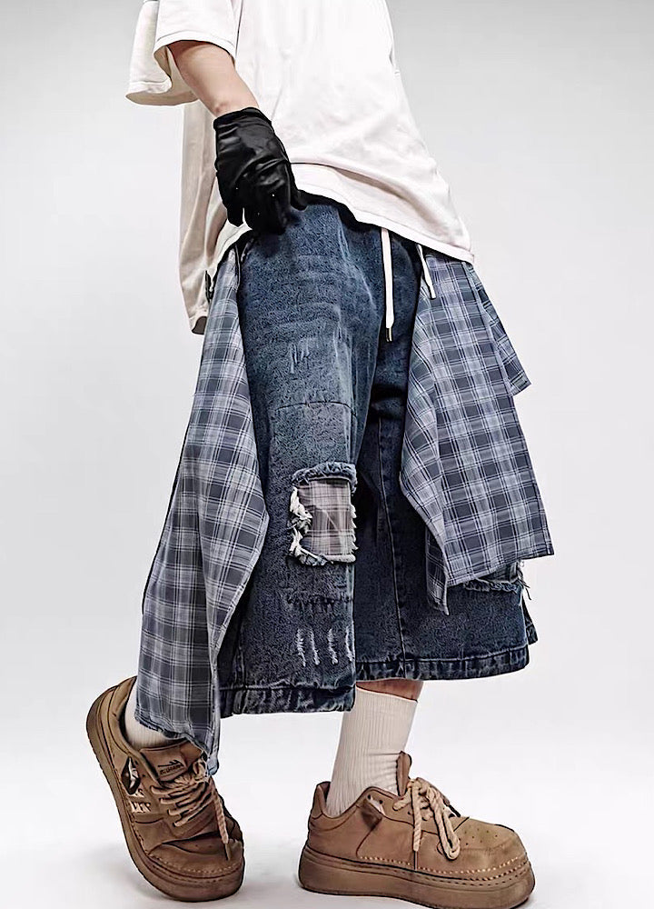 Checked Wide-Leg Vintage Blue Denim Shorts  OR0752