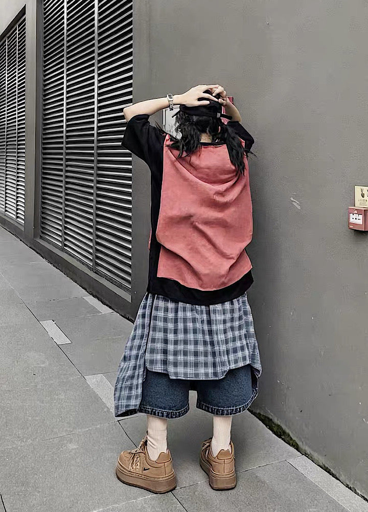 Checked Wide-Leg Vintage Blue Denim Shorts  OR0752