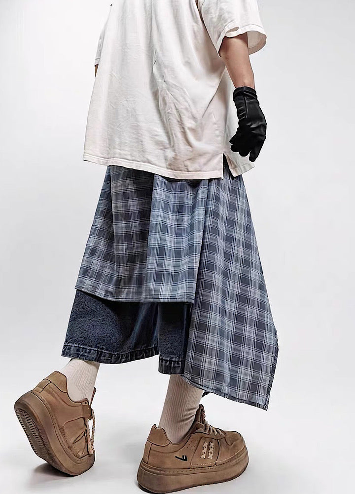 Checked Wide-Leg Vintage Blue Denim Shorts  OR0752