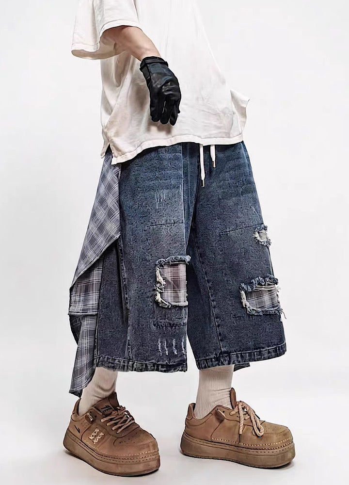 Checked Wide-Leg Vintage Blue Denim Shorts  OR0752