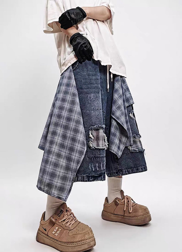 Checked Wide-Leg Vintage Blue Denim Shorts  OR0752