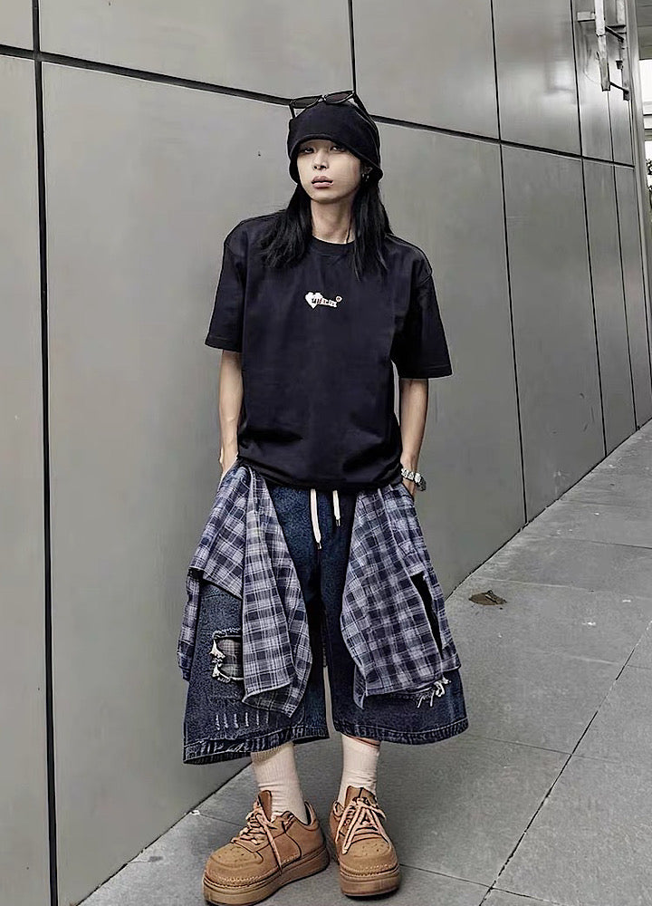 Checked Wide-Leg Vintage Blue Denim Shorts  OR0752