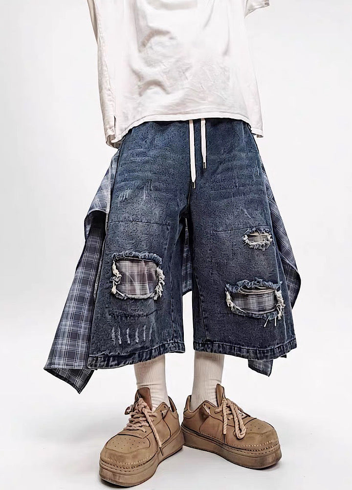 Checked Wide-Leg Vintage Blue Denim Shorts  OR0752