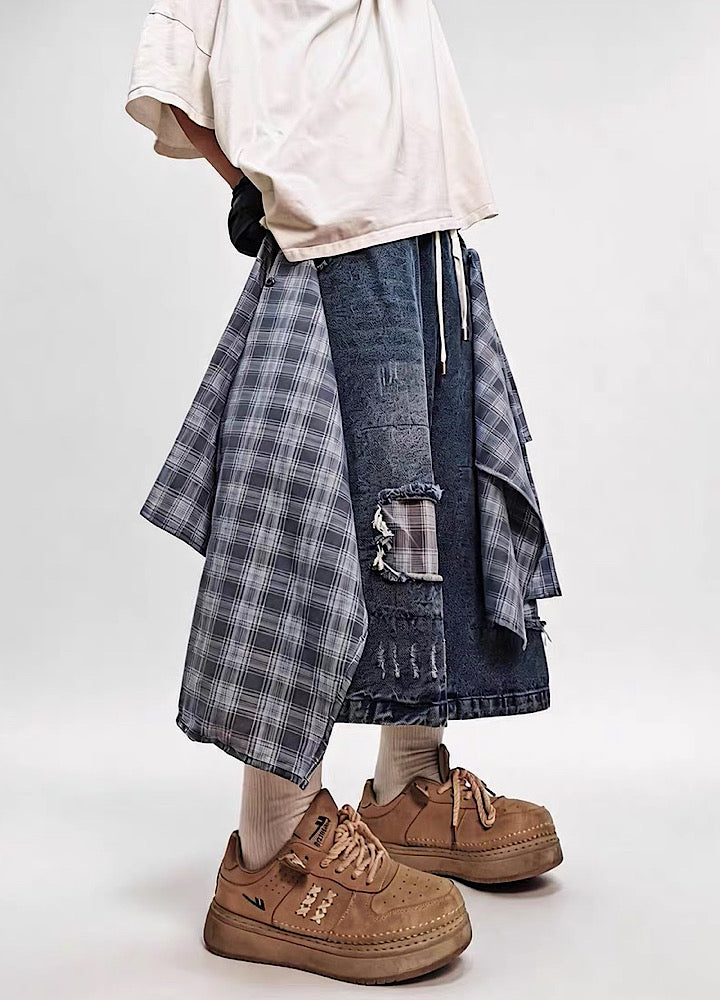 Checked Wide-Leg Vintage Blue Denim Shorts  OR0752