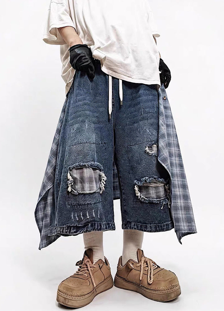 Checked Wide-Leg Vintage Blue Denim Shorts  OR0752