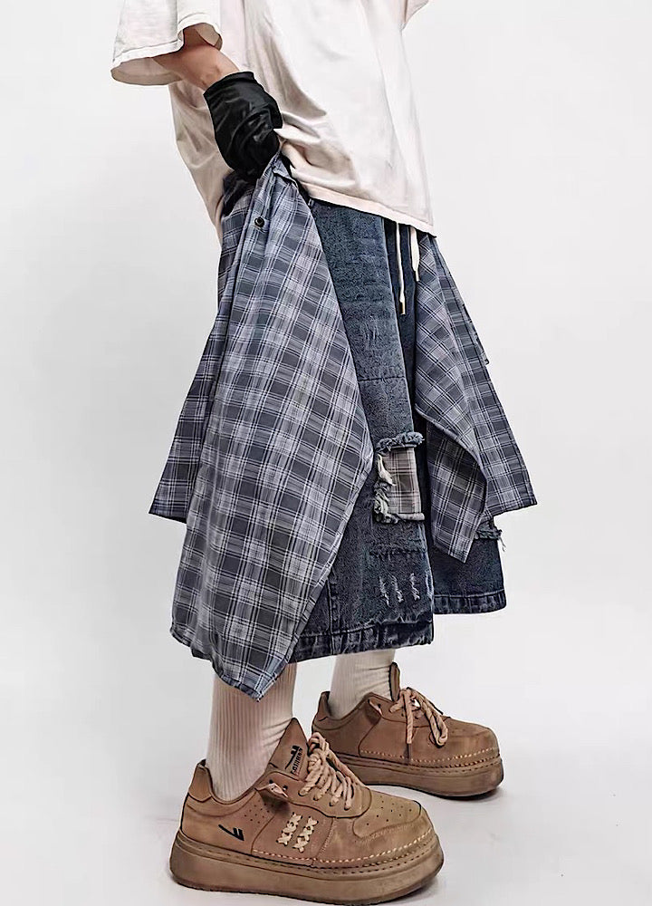 Checked Wide-Leg Vintage Blue Denim Shorts  OR0752