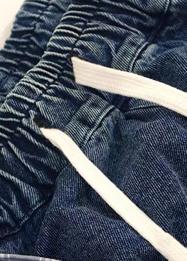 Checked Wide-Leg Vintage Blue Denim Shorts  OR0752