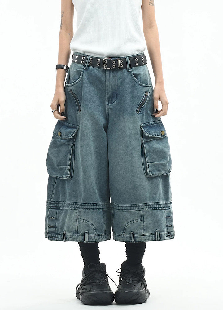 Wide loose silhouette washed cargo denim shorts  OR0753