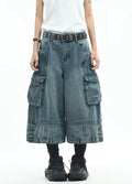 Wide loose silhouette washed cargo denim shorts  OR0753