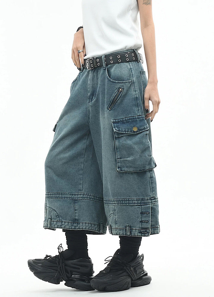 Wide loose silhouette washed cargo denim shorts  OR0753