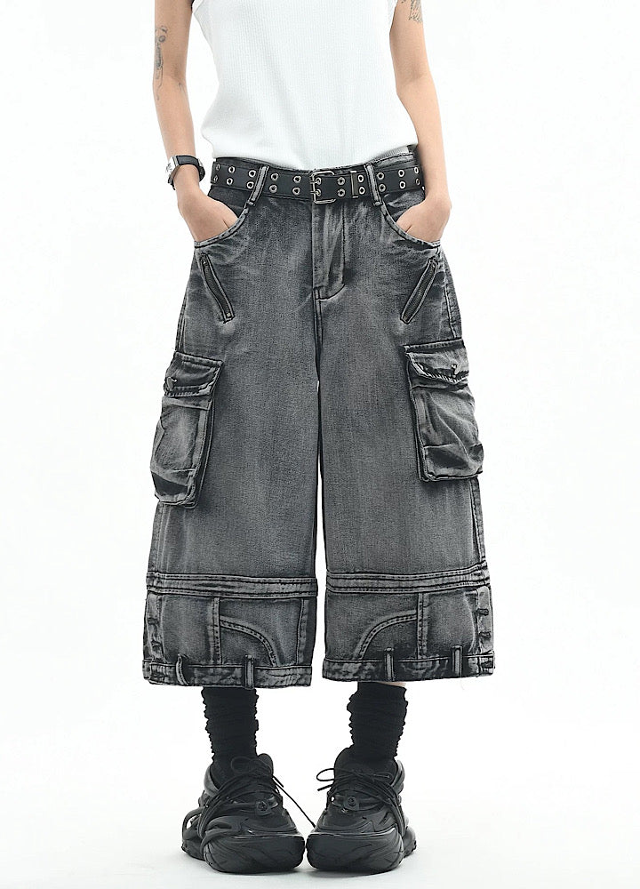 Wide loose silhouette washed cargo denim shorts  OR0753
