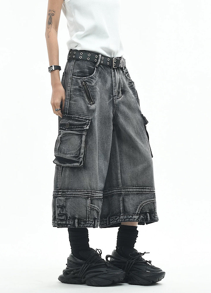 Wide loose silhouette washed cargo denim shorts  OR0753