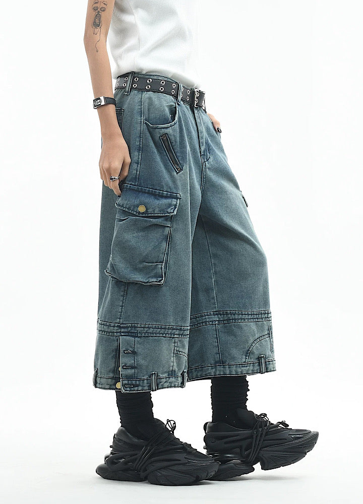 Wide loose silhouette washed cargo denim shorts  OR0753
