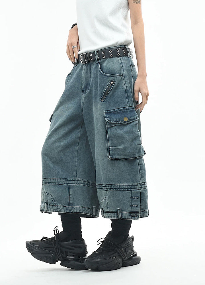 Wide loose silhouette washed cargo denim shorts  OR0753